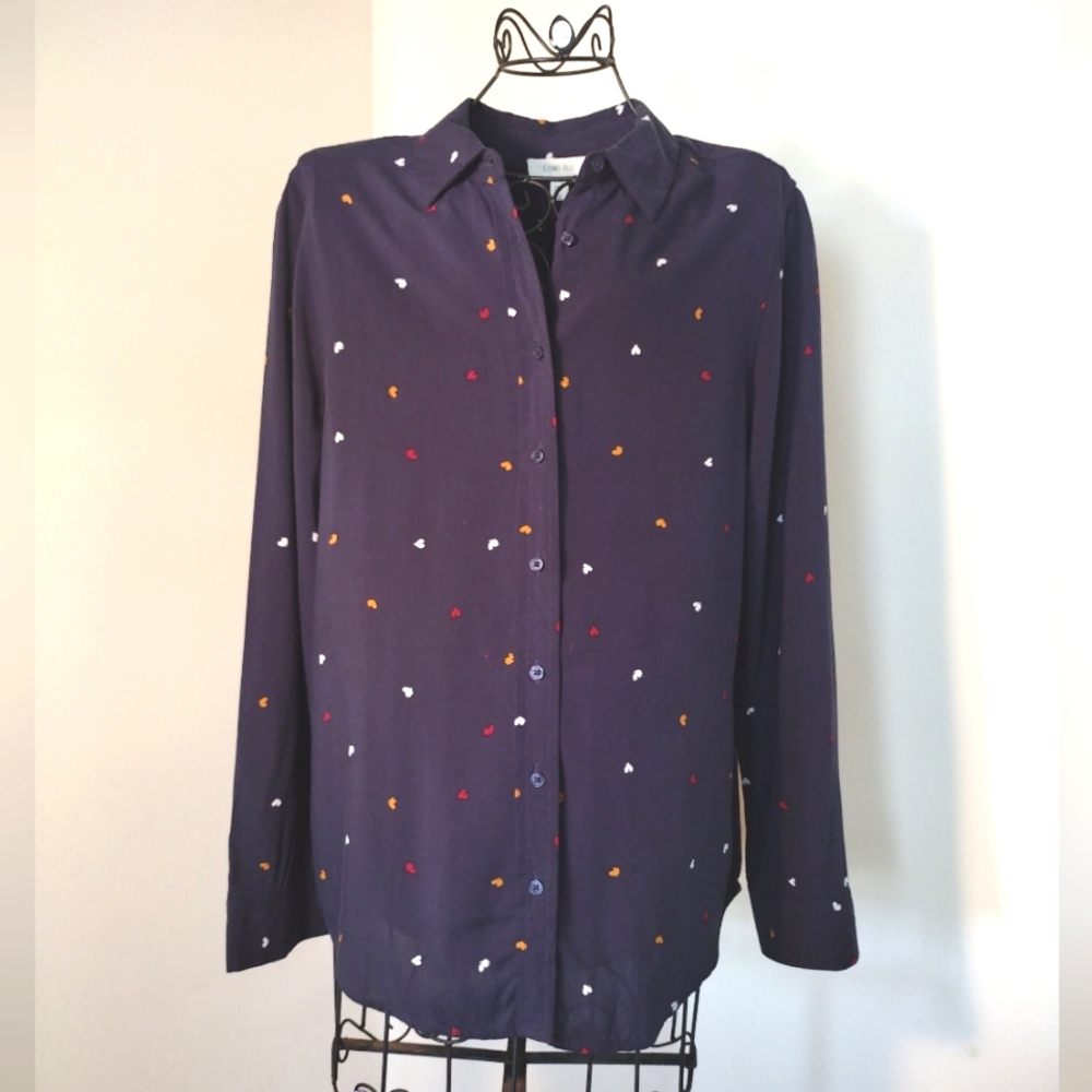 Como Blu Button Down Long Sleeve Blue Hearts Blouse …